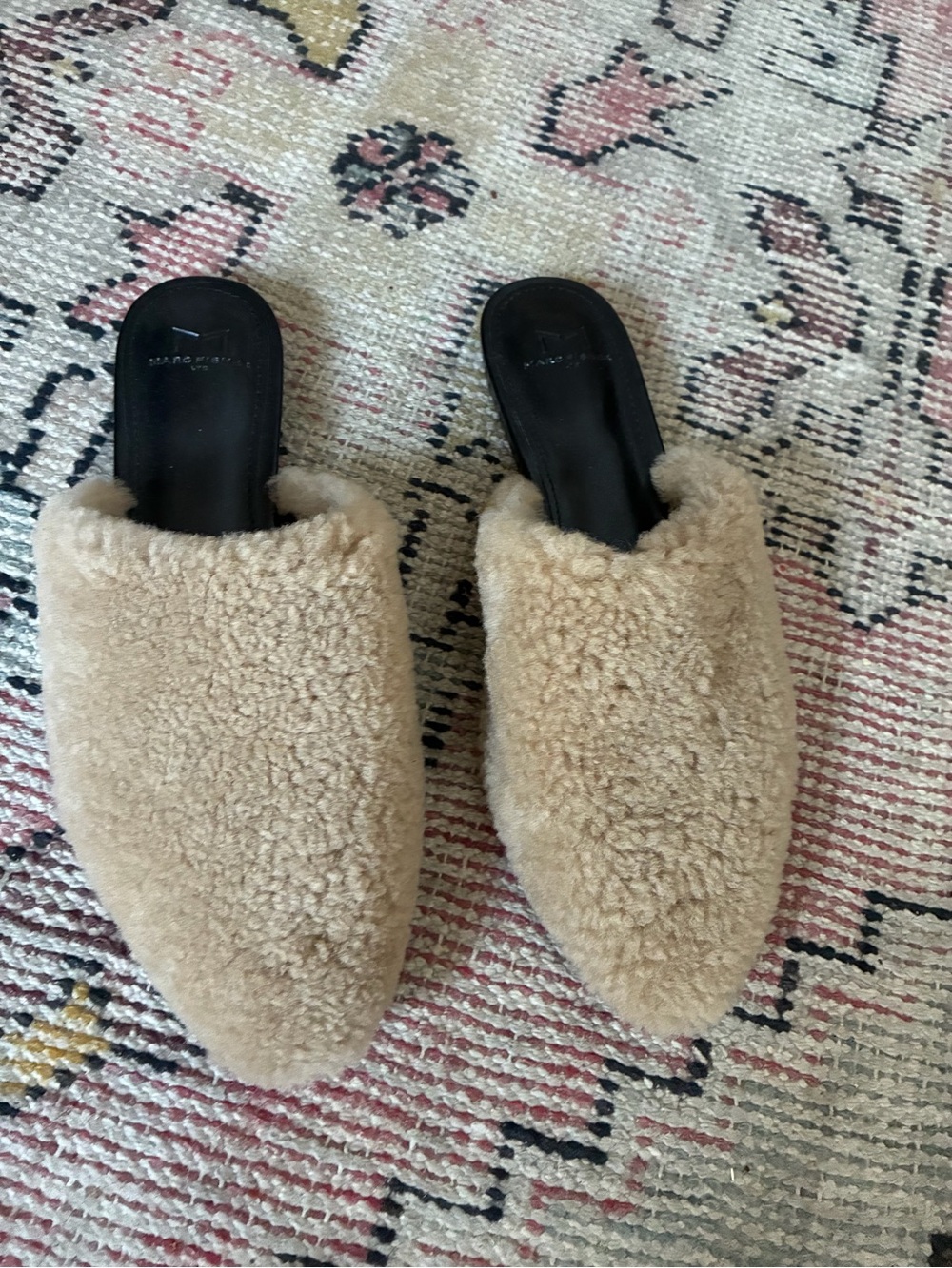Marc Fisher Beige Faux-Shearling Slip-On Mules